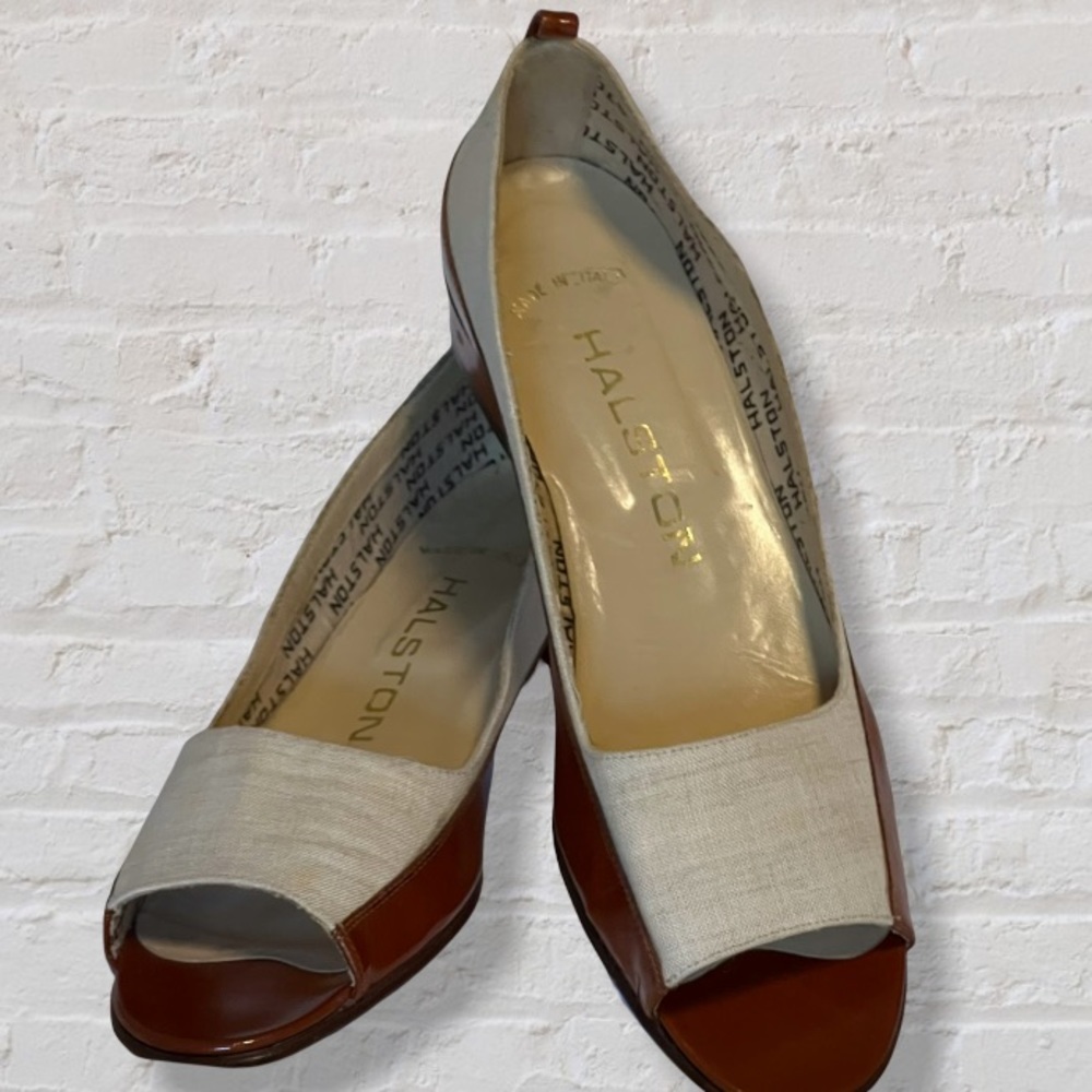 VINTAGE Halston Brown Leather Beige Linen Shoes Open Toe Flats